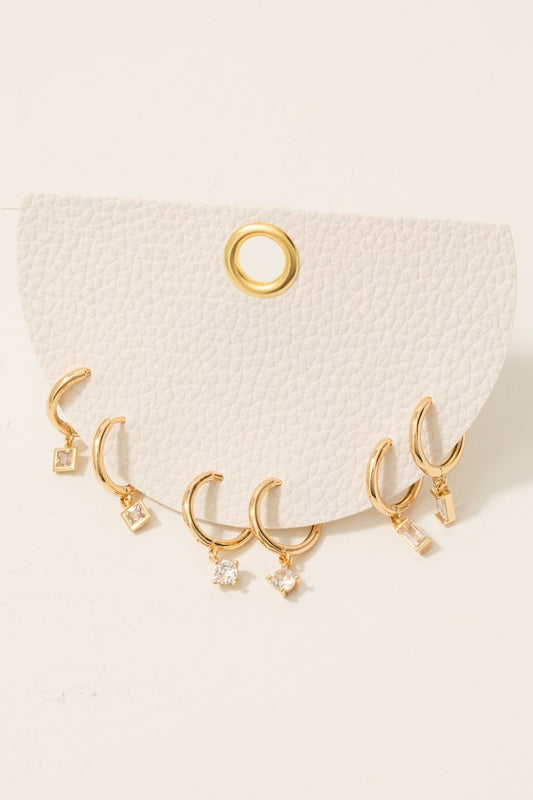 Three Pair Rhinestone Drop Hoop Earrings Set