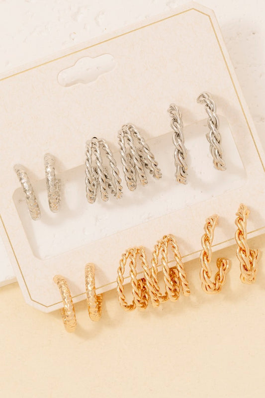 6pc Two Tone Textured Hoop Earrings Set