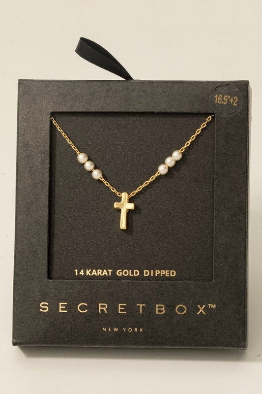 Gold Dipped Pearls And Cross Necklace