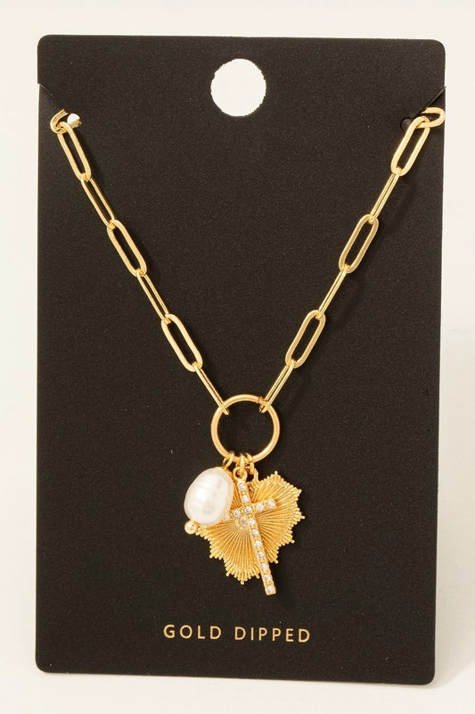 Gold Dipped Cross Pearl And Heart Charm Chain Necklace