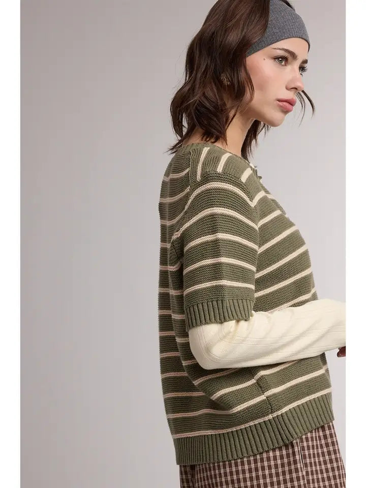 Stripe Short Sleeve Sweater Cardigan In Olive & Taupe