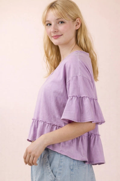 Mineral Washed Ruffle Detail Knit Top In Lavender