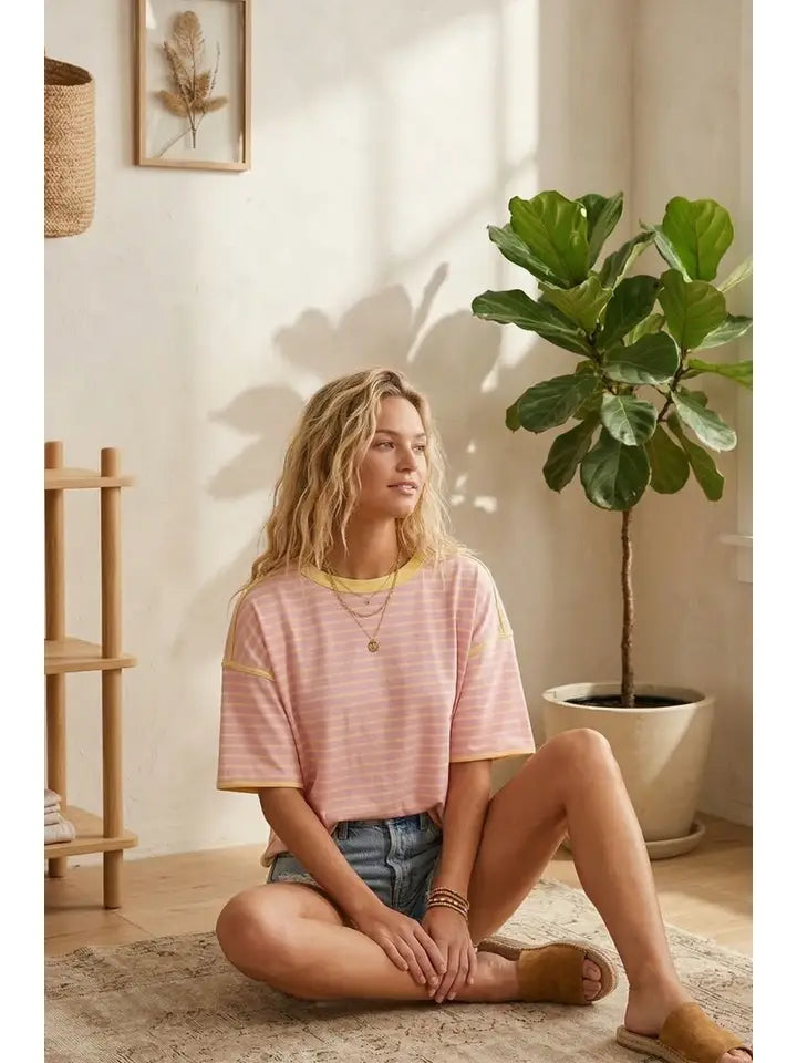 Striped Relaxed Fit Knit Tee in Pink & Yellow
