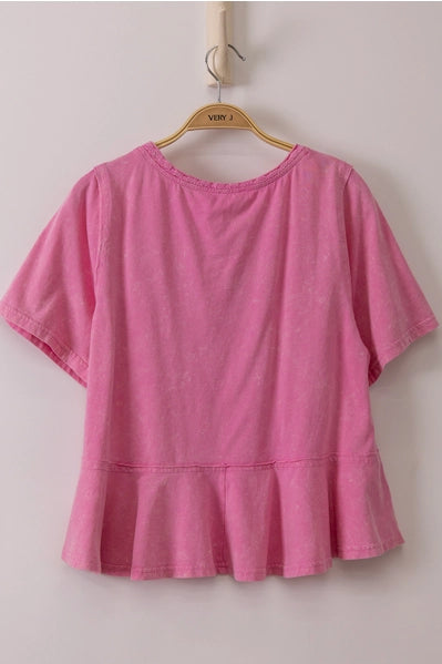 Lace Trim Mineral Washed Top In Pink