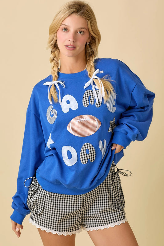 Game Day Patchwork Crewneck In Blue