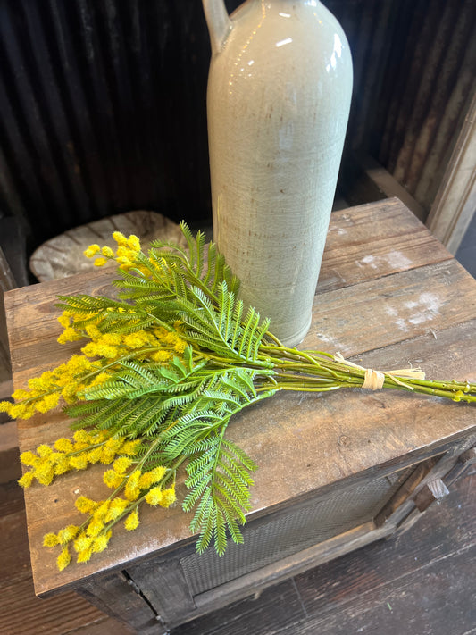Yellow Fuzzy Mimosa Bush Faux Silk Floral Spray - 14"