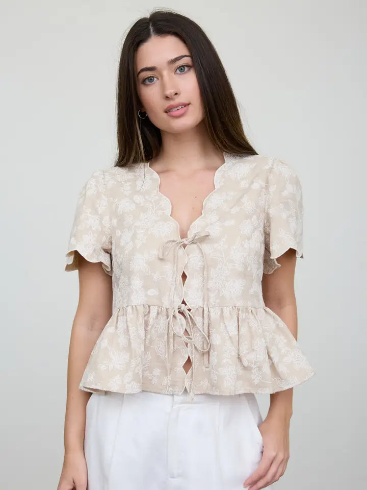 Floral Embroidery Tie Scalloped Top In Khaki