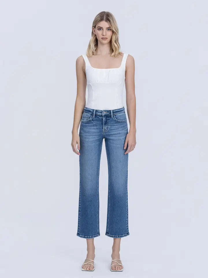 Mid Rise Medium Dark Wash Ankle Straight Jeans