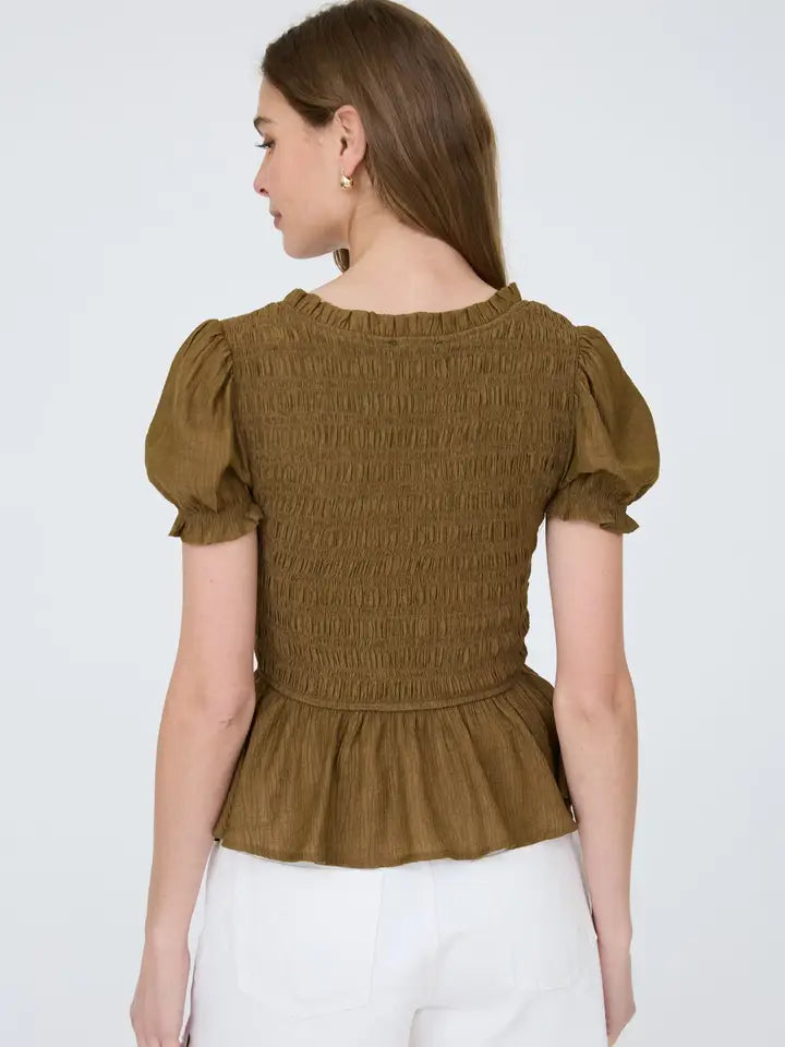 Smocked Puff Sleeve Ruffle Detail Top