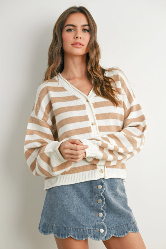 Button Front Stripped Sweater In Taupe