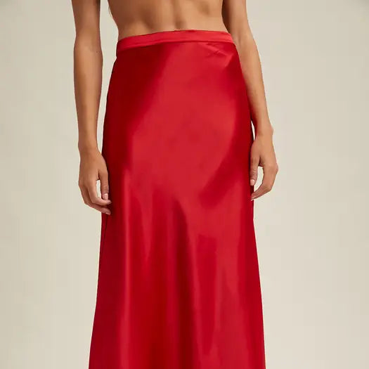 Red Satin Midi Skirt