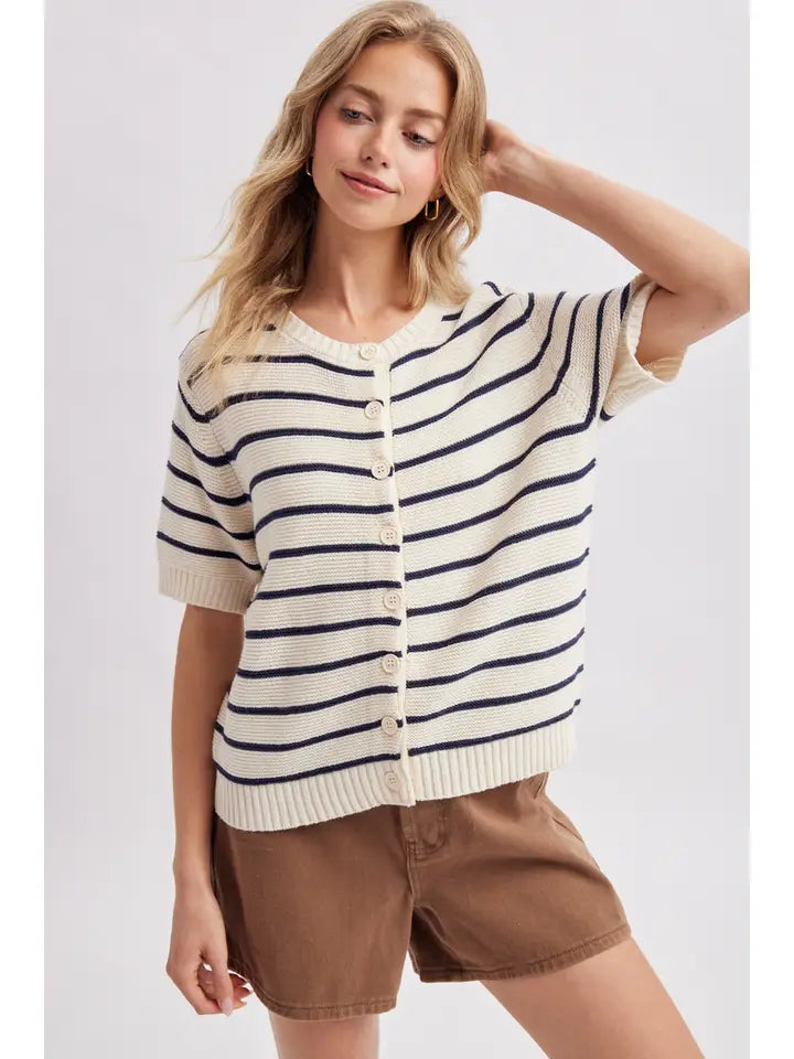 Stripe Short Sleeve Sweater Cardigan In Ivory & Navy