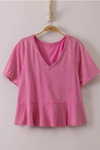 Lace Trim Mineral Washed Top In Pink