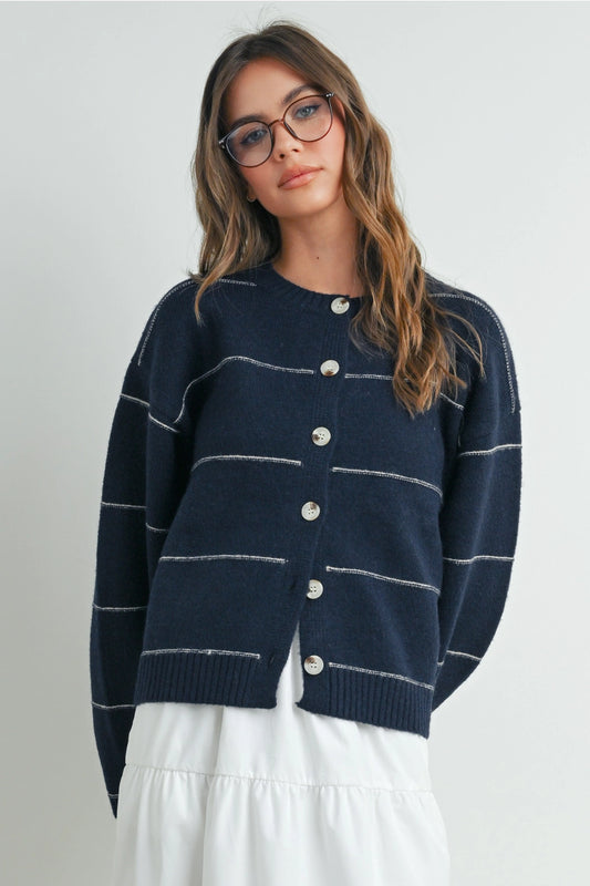 Button Front Striped Cardigan In Navy