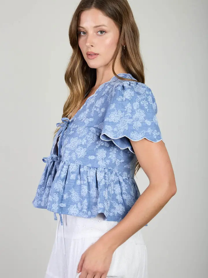 Floral Embroidery Tie Scalloped Top In Denim