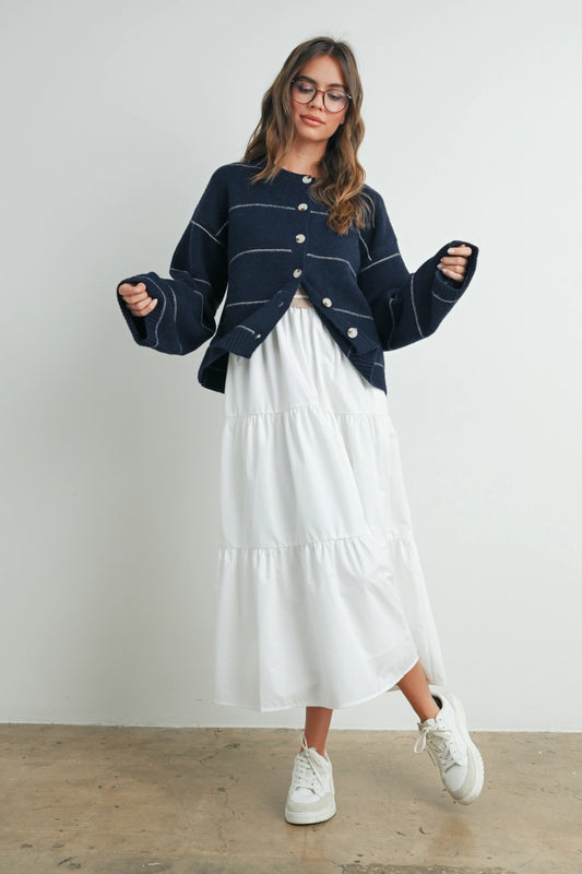 Button Front Striped Cardigan In Navy