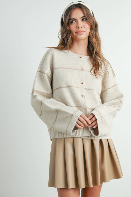 Button Front Striped Cardigan In Taupe