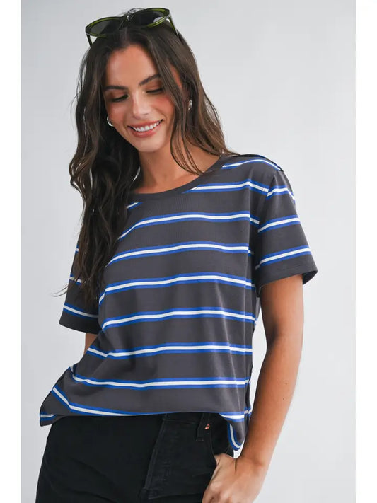 Striped Boxy Short Sleeve Tee in charcoal