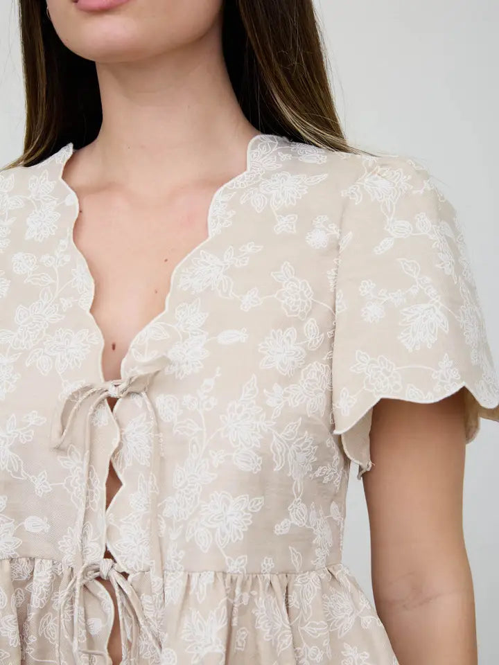 Floral Embroidery Tie Scalloped Top In Khaki