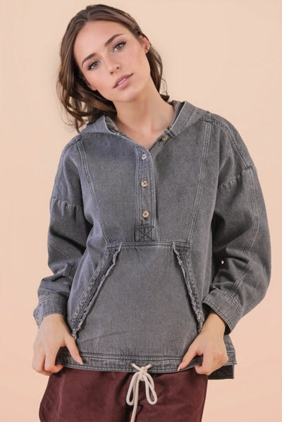 Washed Denim Casual Hood Pullover