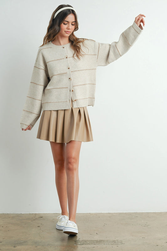 Button Front Striped Cardigan In Taupe