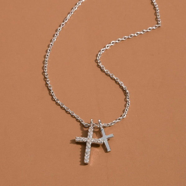 Pave Double Cross Pendant Necklace