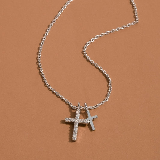 Pave Double Cross Pendant Necklace