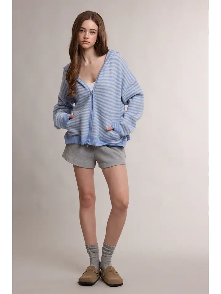 Striped Two-Way Zip Sweater Hoodie with Pockets