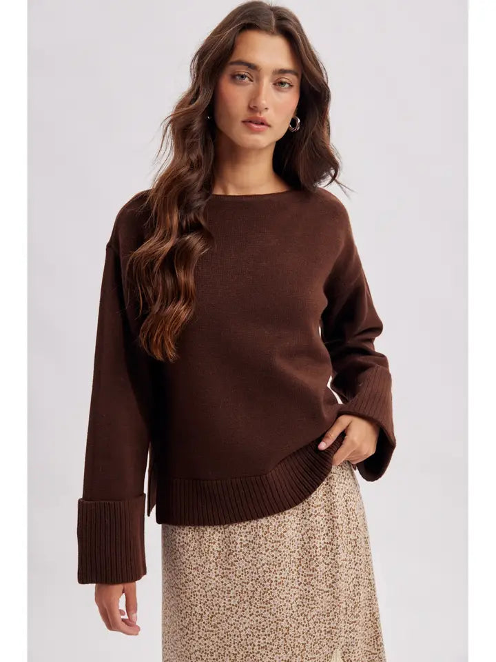 Premium Wide Sleeve Cuff Sweater In Walnut