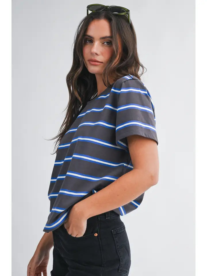 Striped Boxy Short Sleeve Tee in charcoal