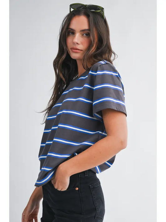 Striped Boxy Short Sleeve Tee in charcoal