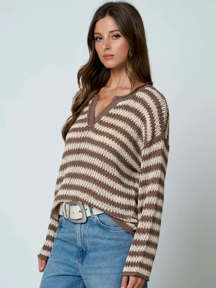Stripe Raw Edge Split Neck Sheer Knit Sweater In Mocha