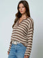 Stripe Raw Edge Split Neck Sheer Knit Sweater In Mocha