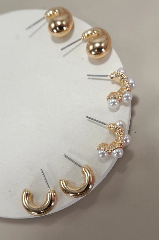 Trio Huggie Pearl Gold Hoop Earrings