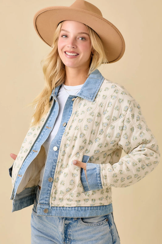 Floral Print Quilted Denim Jacket