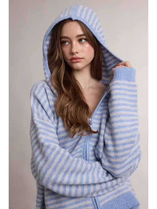 Striped Two-Way Zip Sweater Hoodie with Pockets