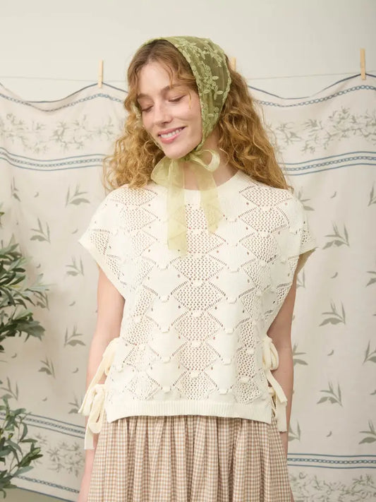Side Tie Crochet Sweater In Cream