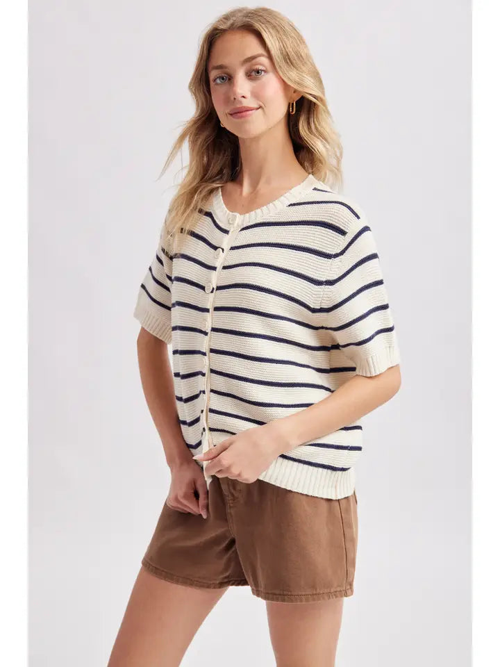 Stripe Short Sleeve Sweater Cardigan In Ivory & Navy