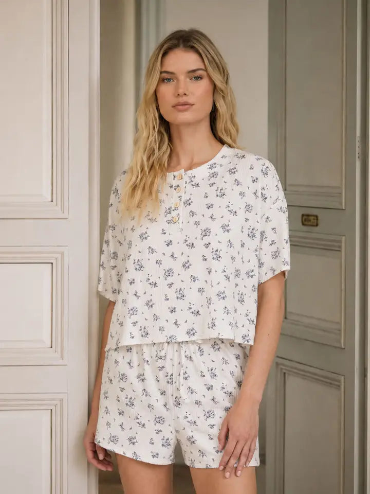 Floral Short Sleeve Boxy Henley Ribbed Knit Top