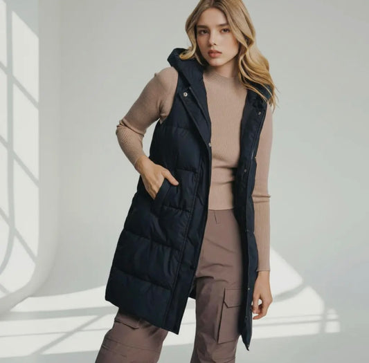 Black Hooded Long Vest