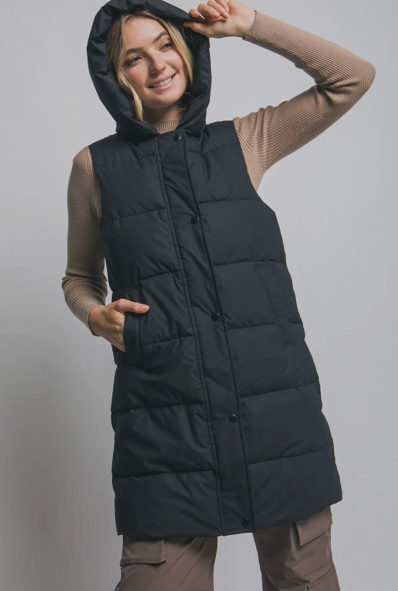 Black Hooded Long Vest