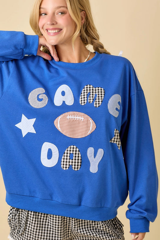Game Day Patchwork Crewneck In Blue