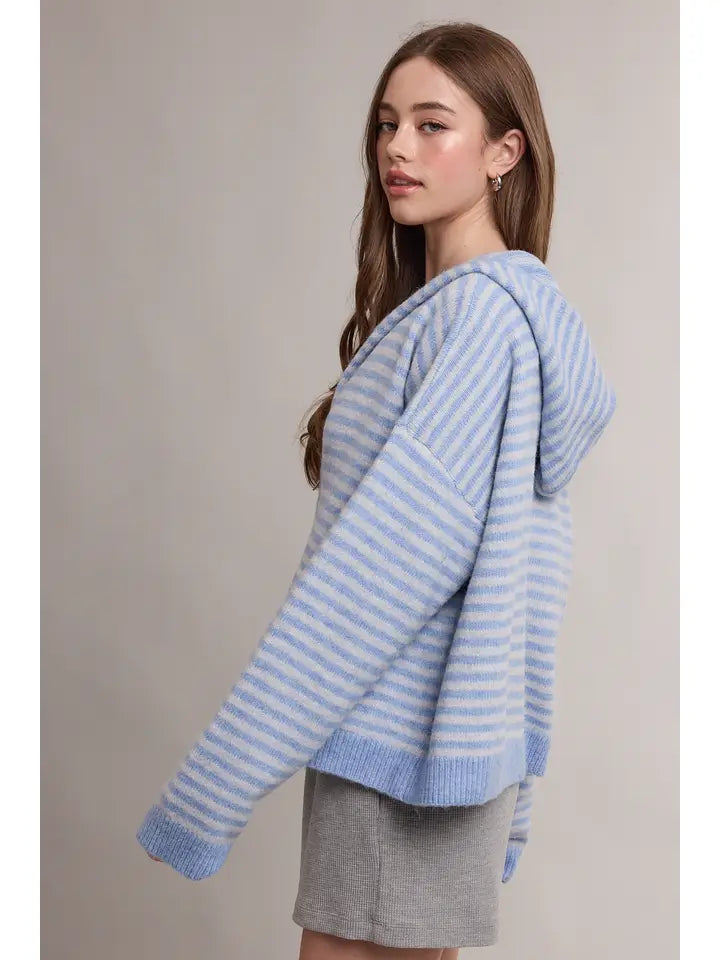Striped Two-Way Zip Sweater Hoodie with Pockets