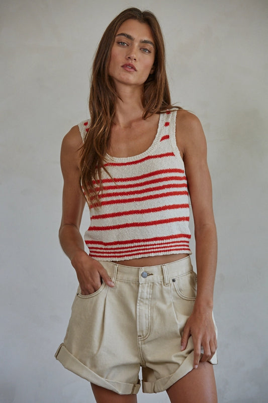 Knit Striped Tank Top in Red