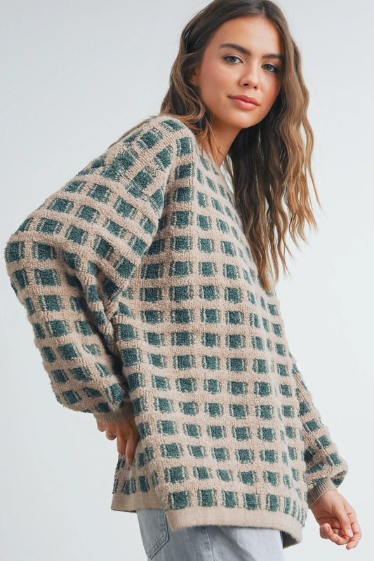 Checkered Oversized Sweater In Taupe/ Olive