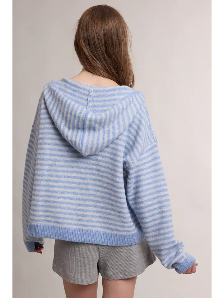 Striped Two-Way Zip Sweater Hoodie with Pockets