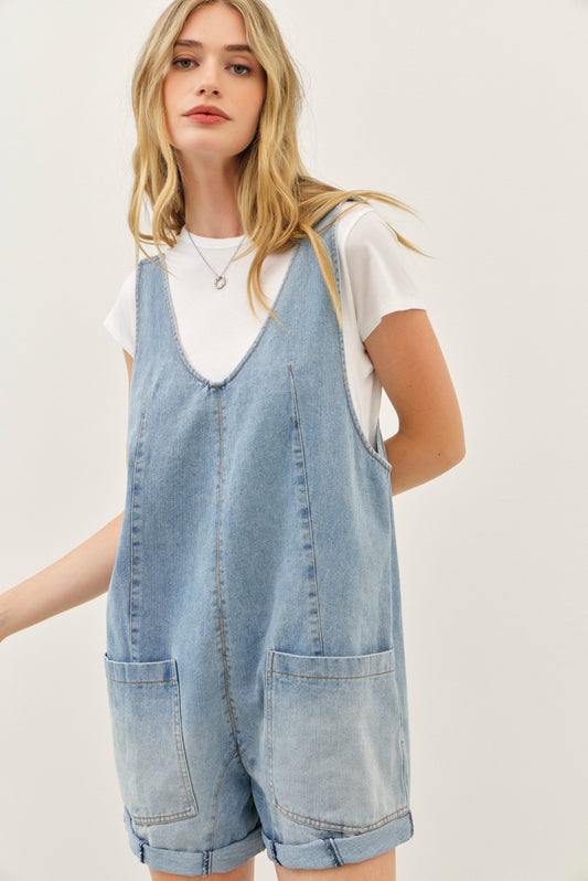 WASHED DENIM ROMPER WITH FRONT POCKETS