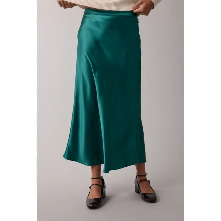 Forest Green Satin Midi Skirt