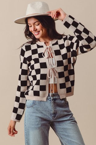 TIE FRONT CHECKERED KNITTED ROUND NECK CARDIGAN