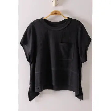 Flared Hem Waffle Knit Top In Black
